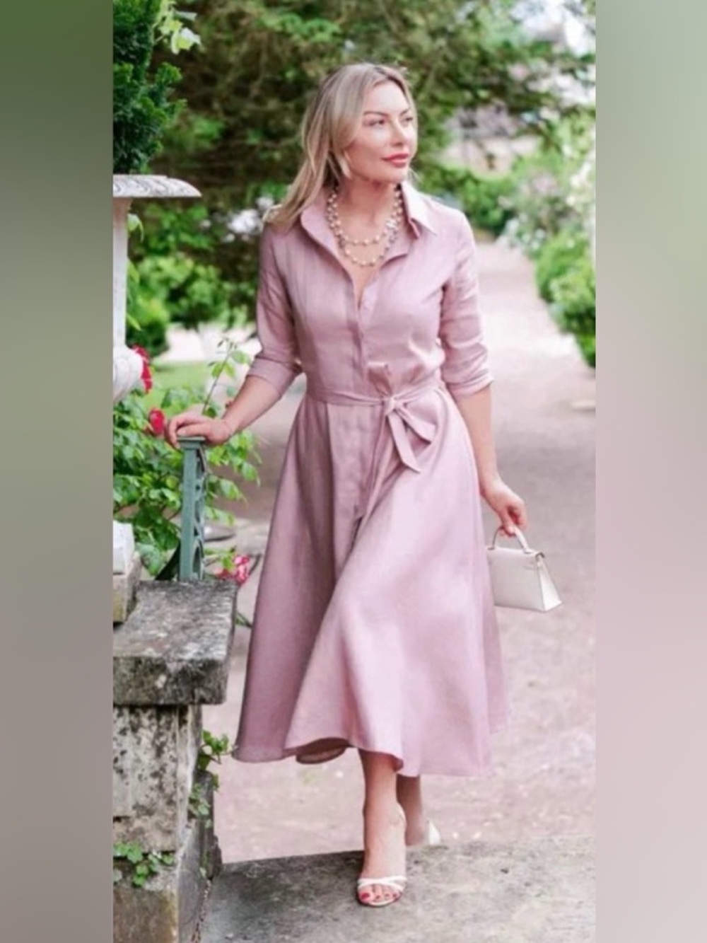 ANNA BEY Classic Shirtwaist Midi Dress in Blush Pink. 100% Linen. Small.